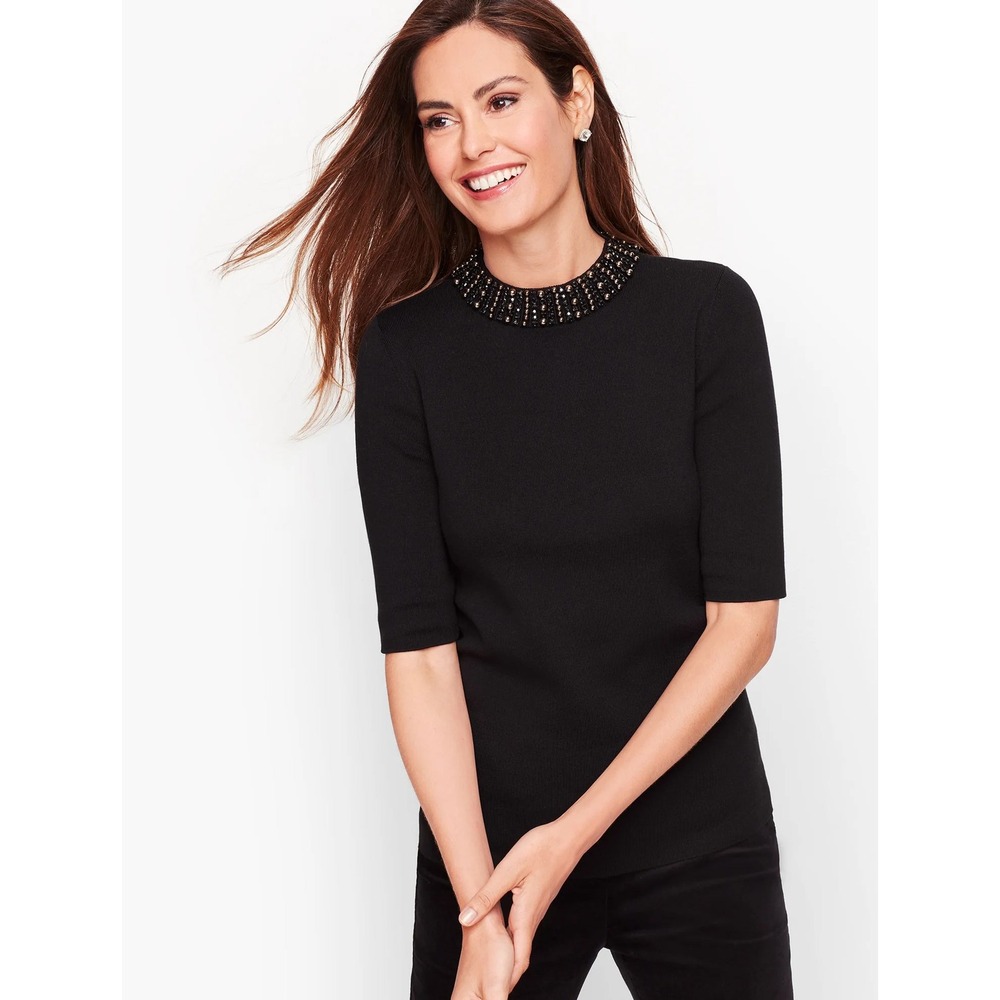 NWT Talbots Black Embellished Beaded Neck Knit Top LP Quiet Luxury Business